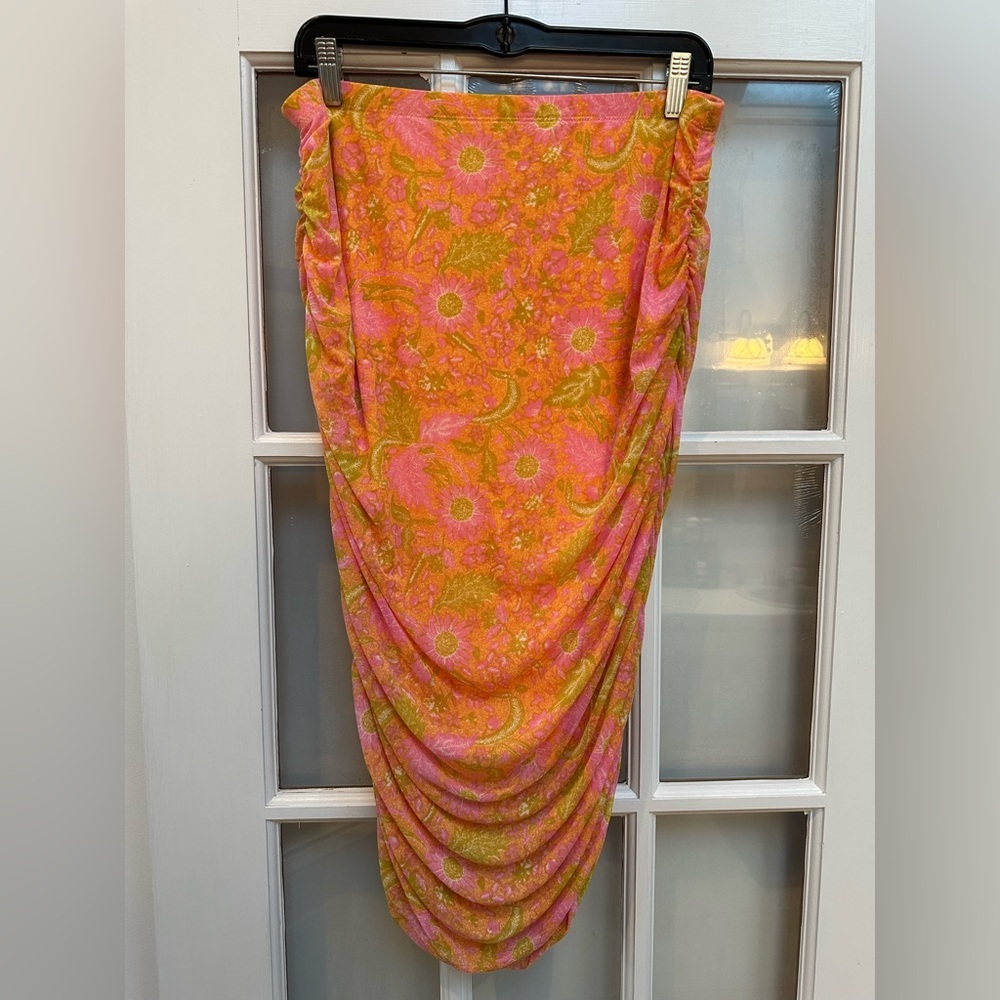 House of Harlow 1960 Orange and Pink Ruched Floral Midi Skirt Size Large L